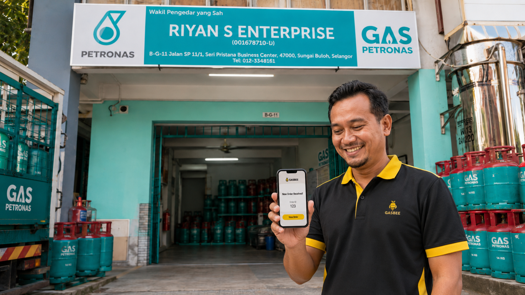 Gasbee merchant partner holding phone with new order notification