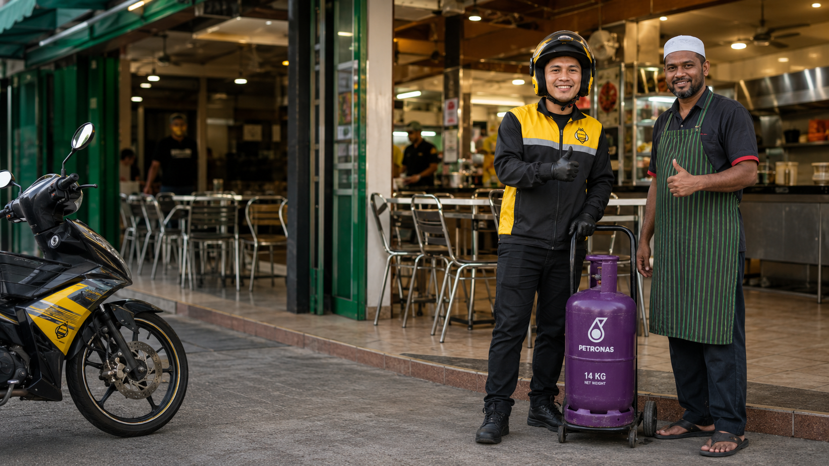 Gasbee rider delivering a Petronas gas cylinder to a restaurant owner