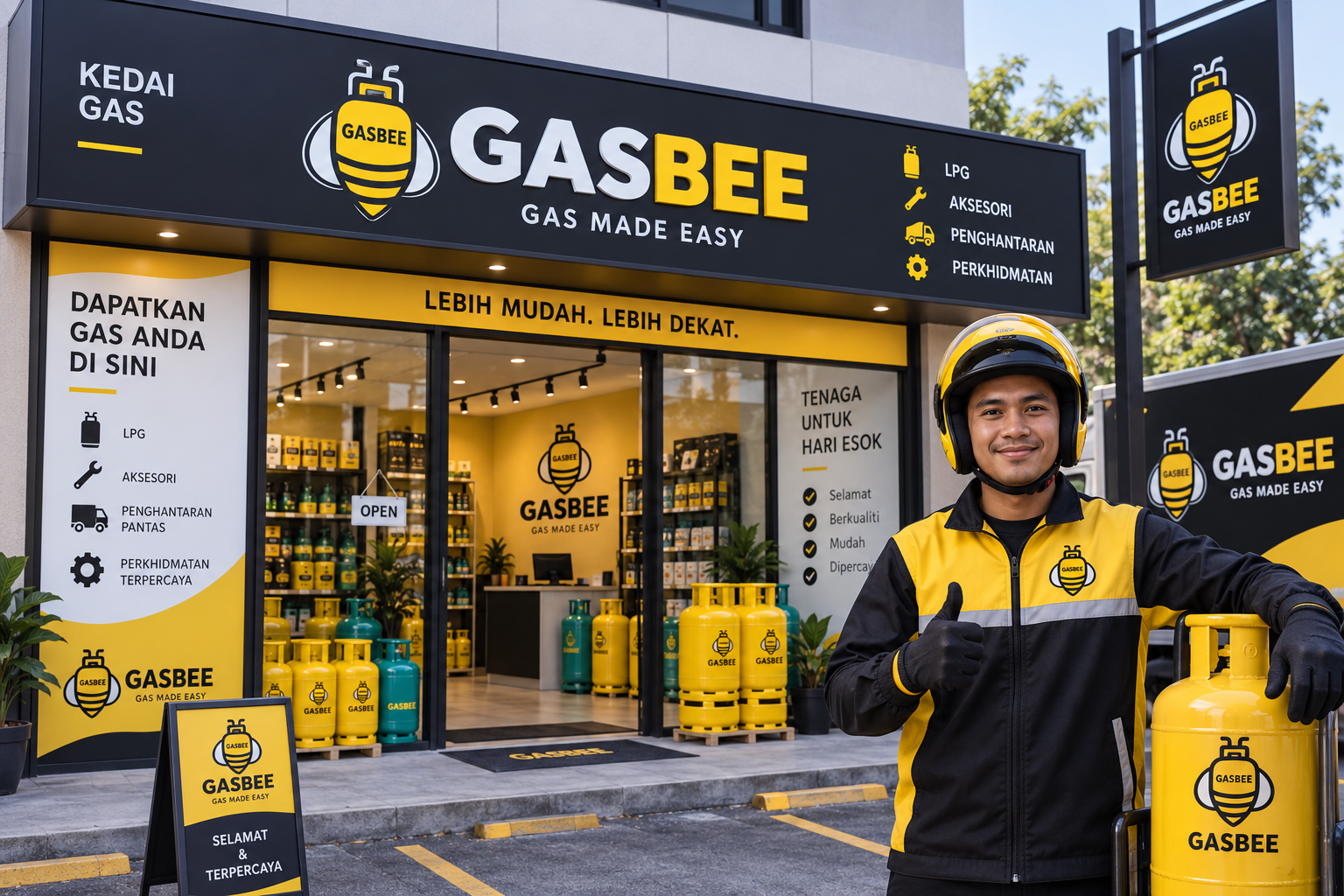 Gasbee storefront with branded LPG cylinders and a delivery rider giving a thumbs up